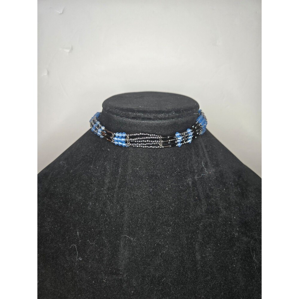 Choker Necklace Multistrand Beaded Black and Blue Adjustable Length